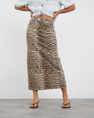 Leopard Print Denim Maxi Skirt