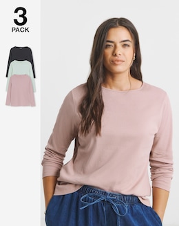 Black, Rose &amp; Khaki 3 Pack Long Sleeve Pure Cotton Ribbed Tops