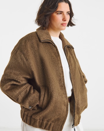 Neutral Faux Wool Seamed Detail Bomber Jacket With Collar