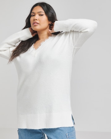 Ivory Lace Trim V Neck Longline Jumper
