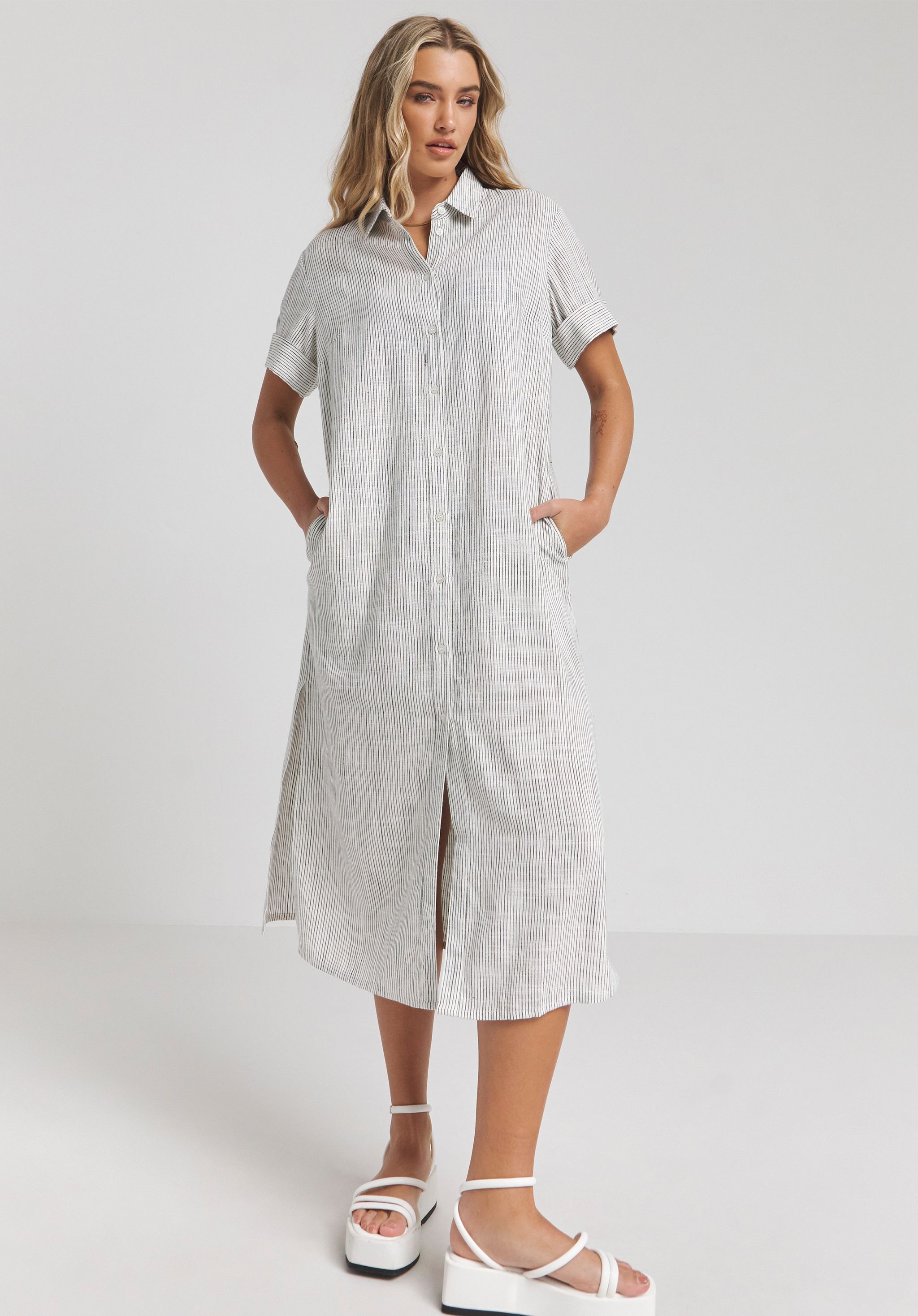 Stripe Linen Button Through Shirt Dress