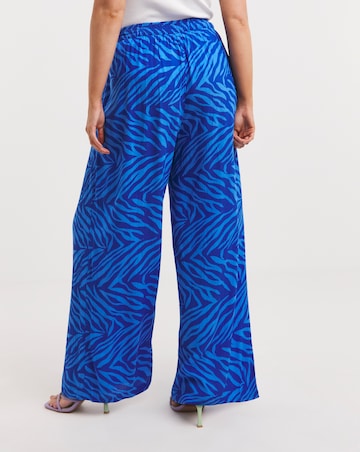Blue Zebra Print Crinkle Tie Waist Wide Leg Trouser