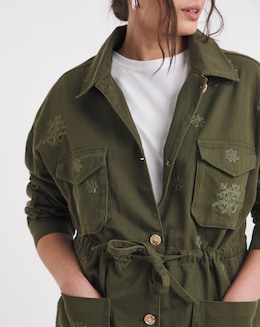 Khaki Floral Embroidered Utility Jacket