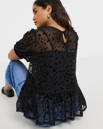 Simply Be Black Velvet Heart Mesh Puff Sleeve Top
