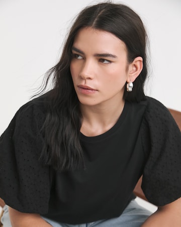 Black Broderie Puff Sleeve Crew Neck T-Shirt