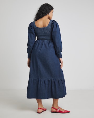 Dark Blue Denim Shirred Maxi Smock Dress