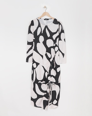 Mono Print Scuba Crepe Ruched Midi Dress