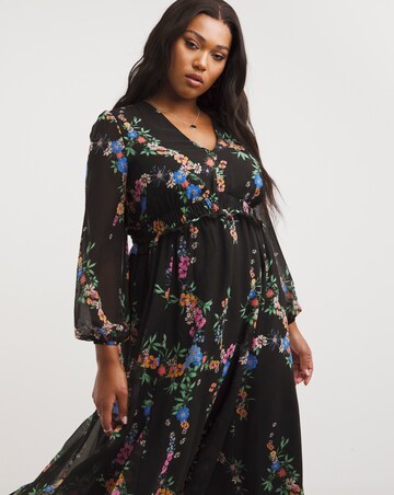 Floral Print Long Sleeve Frill Tiered Midi Dress