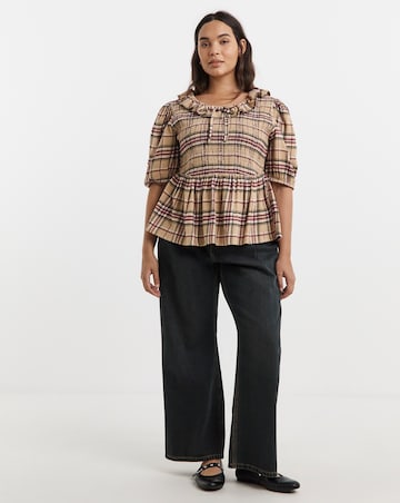 Native Youth Brushed Check Shirred Top with Frill and Peplum