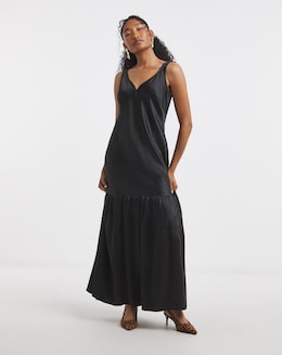 Flounce London Black Glossy Satin Maxi Dress