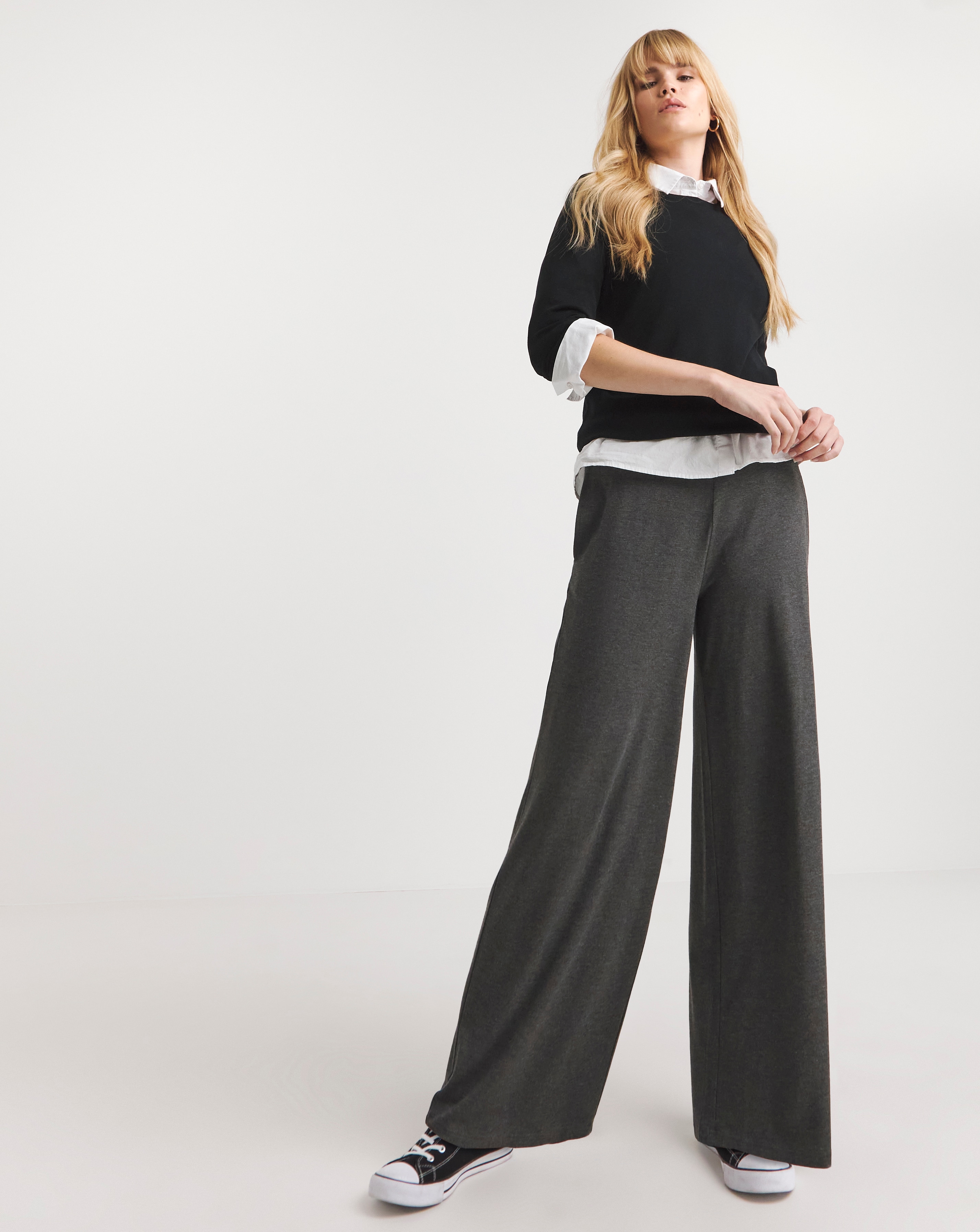 Charcoal Jersey Elasticated Waist Wide Leg Trouser | Simply Be