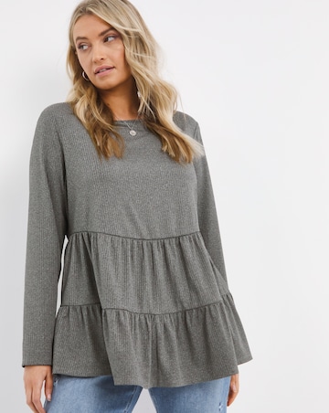 Grey Marl Long Sleeve Ribbed Tiered Smock Top