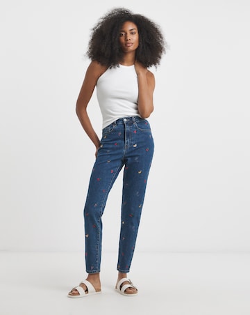 Indigo Fruit Salad Embroidered Mom Jeans