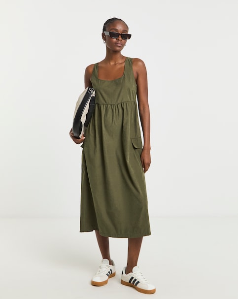 Khaki Cargo Utility Midi Dress