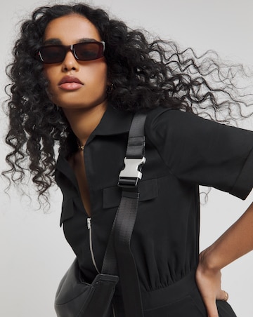 Black Zip Up Utility Twill Wide Leg Jumpsuit With Pockets