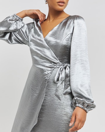 Grey Satin Tie Front Long Sleeve Dress
