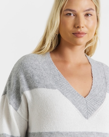 Cosy Yarn Grey & Ivory Stripe V-Neck Tunic