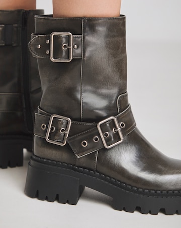 Stevie Multi Buckle Chunky Ankle Biker Boots Wide E Fit