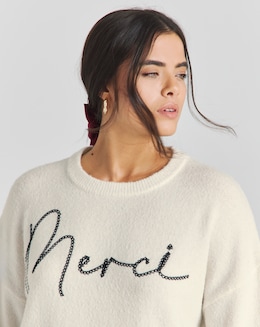 Cream Merci Slogan Embroidered Knitted Jumper
