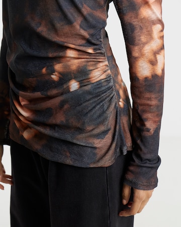 Brown Floral Print Asymmetric Shoulder Mesh Top