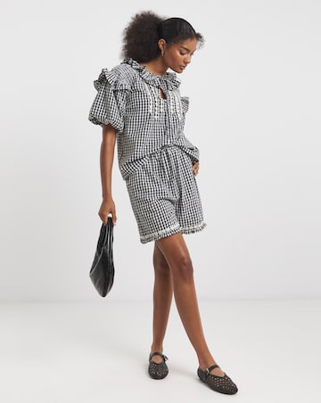 Neon Rose Gingham Seersucker Blouse with Pintuck Daisy Trims