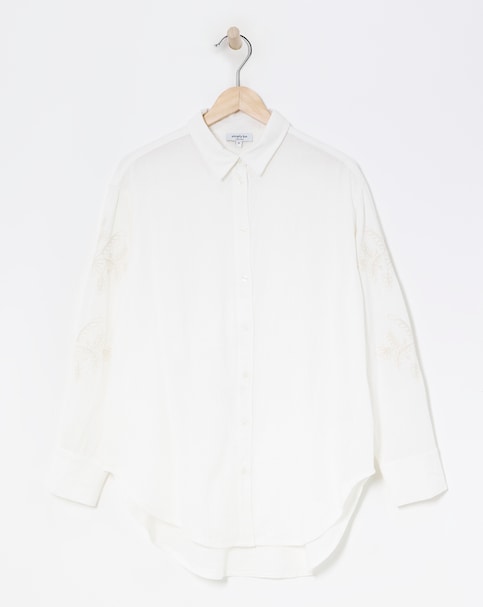 Relaxed Fit Embroidered Sleeve Long Sleeve Shirt - Ivory