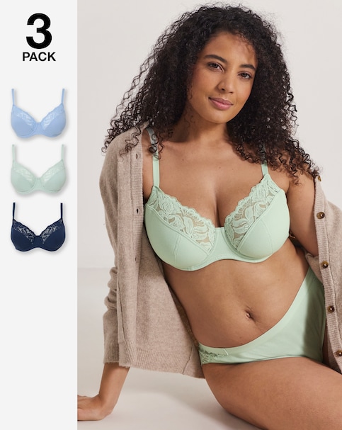 Pretty Secrets (3 Pack) Harper Lace Ribbed Full Cup Bras (B-G) Navy/Green