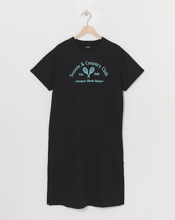 Black Cotton Jersey Graphic Short Sleeve Midi T-Shirt Dress