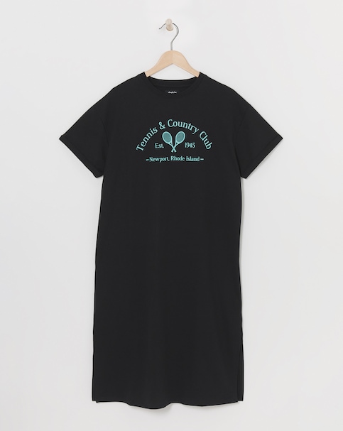 Black Cotton Jersey Graphic Short Sleeve Midi T-Shirt Dress
