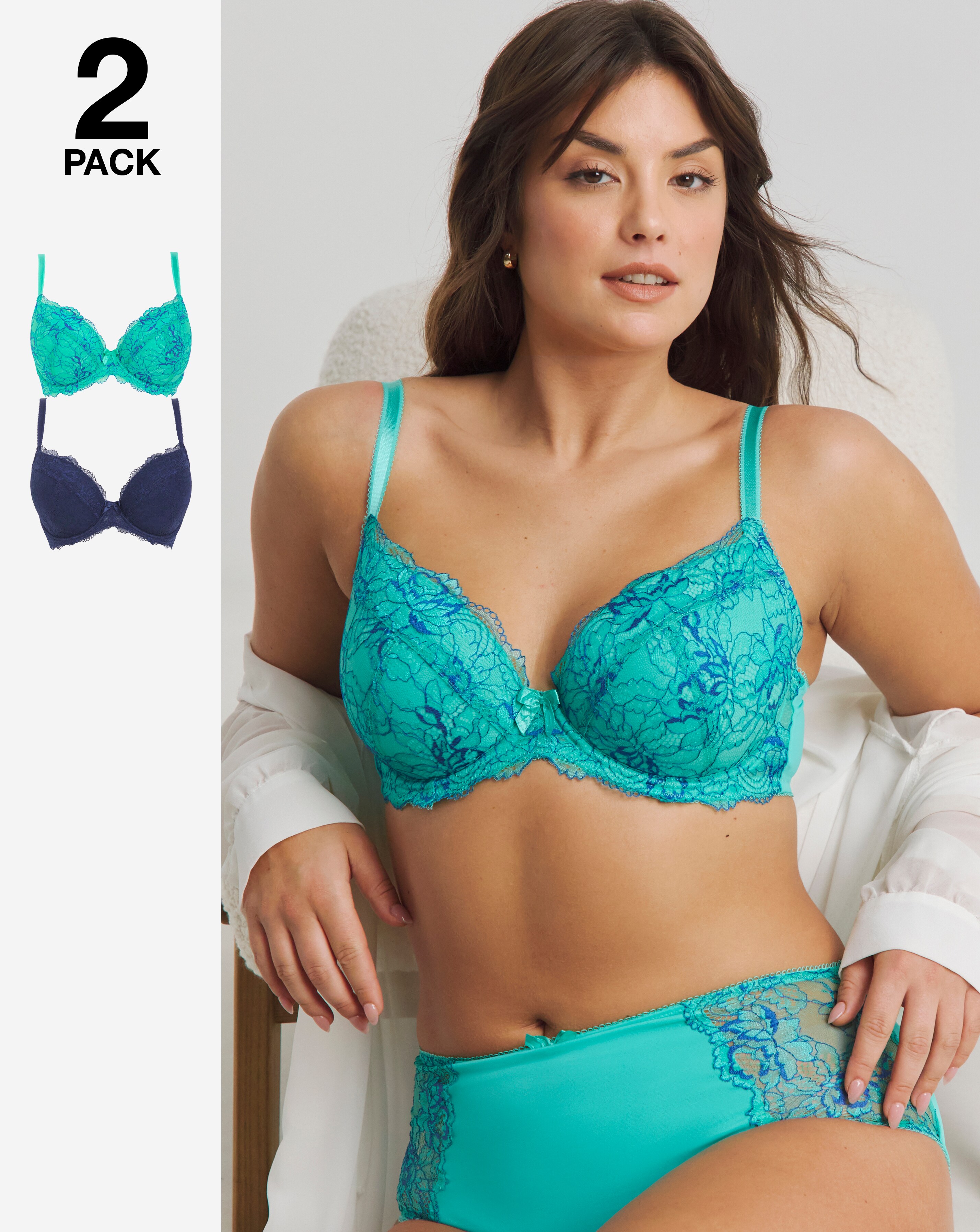 Pretty Secrets (2 Pack) Ella Lace Padded Plunge Wired Bras (B-F ) Aqua/Blue