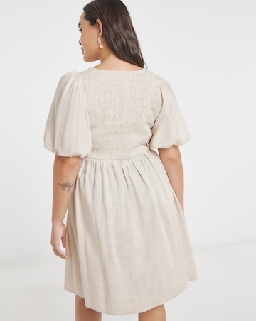 Natural Shirred Linen Blend Skater Dress