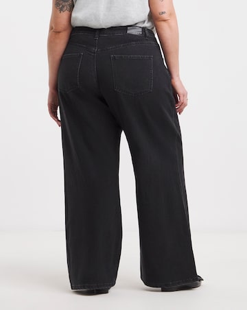 Washed Black Double Pleat Detail Wide Leg Jeans