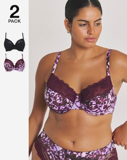 Pretty Secrets (2 Pack) Adrianne Full Cup Wired Bras (C-F) Animal Print/Black