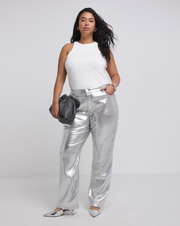 Silver Metallic PU Straight Leg Trousers