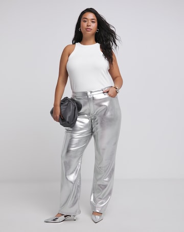 Silver Metallic PU Straight Leg Trousers