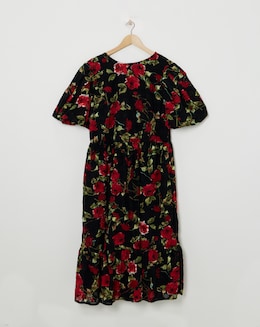 Lovedrobe Textured Floral Pleated Sleeve Midi Dress