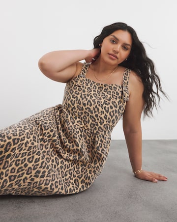 Leopard Print Midaxi Denim Pinafore Dress