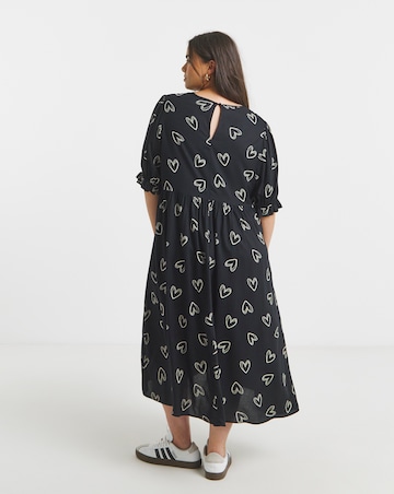 Black Heart Print Spun Viscose Midi Dress
