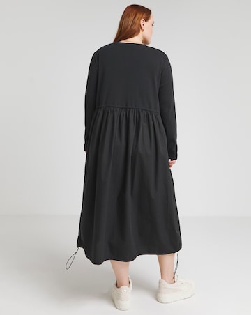 Black Jersey Poplin Mix Long Sleeve Midi Dress With Pockets