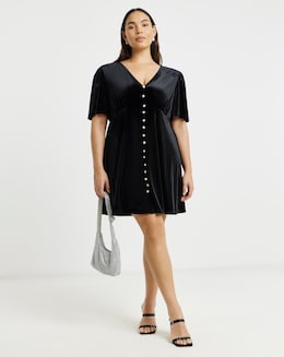 Black Button Through Velour Skater Dress
