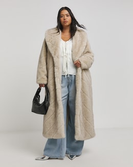 Cream Chevron Pelted Faux Fur Maxi Coat