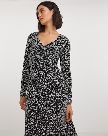 Black Ditsy Print Supersoft Jersey Ruched Front Midi Dress