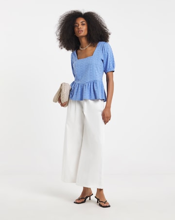 Blue Stretch Broderie Square Neck Peplum Top
