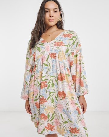 Floral Printed Linen Blend Smock Dress
