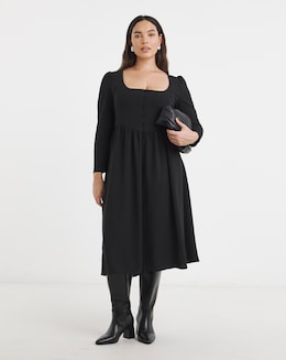 Black Historic Detail Crepe Midi Dress