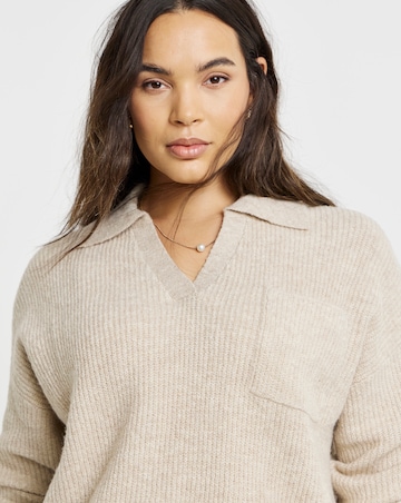 Cosy Yarn Oatmeal V-Neck Collared Jumper