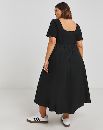 Black Jersey Poplin Mix Apron Dress With Pockets