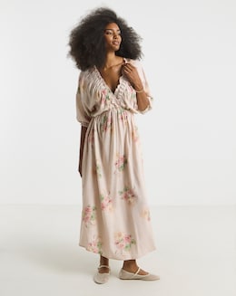 Simply Be Pink Floral Printed Linen Blend Midi Dress