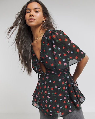 Black Floral Ruched V Neck Adjustable Blouse with Angel Sleeve
