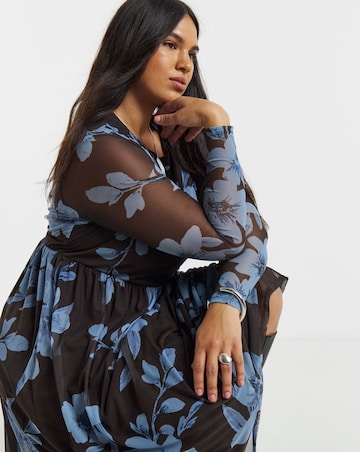 Simply Be Chocolate And Blue Floral Printed Mesh Midi Dress